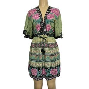 NWT FARM Rio Dress Mini Floral Green Black Short Dolman Sleeve Tassel V …